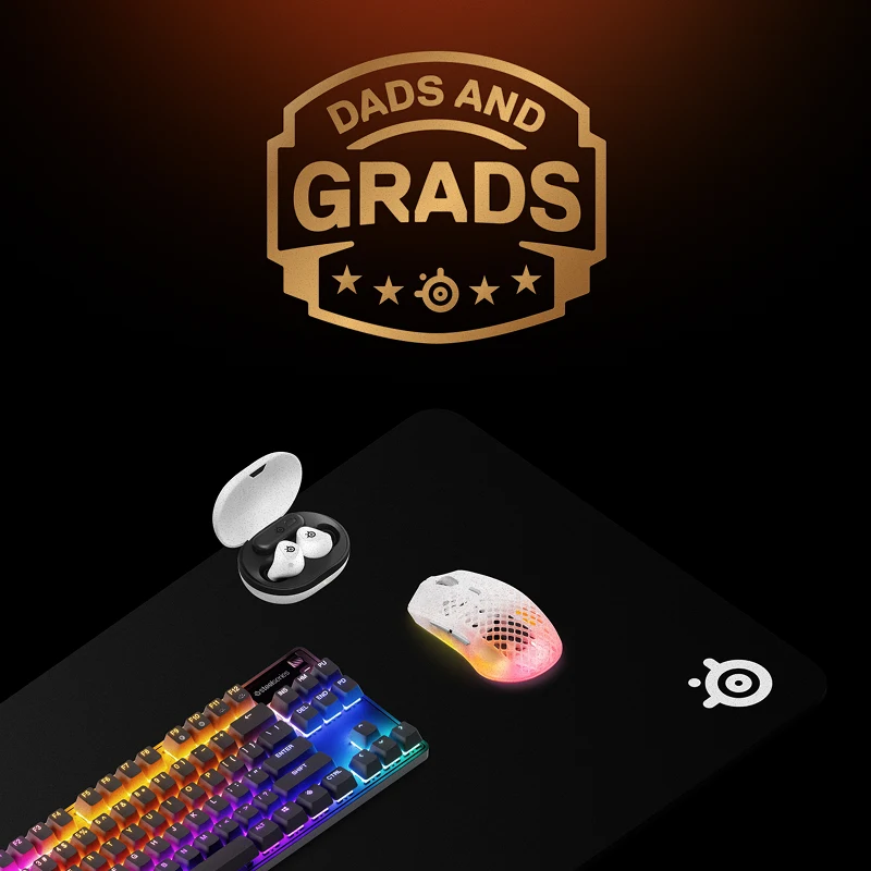 An image of assorted SteelSeries products with text that reads: "DADS AND GRADS".