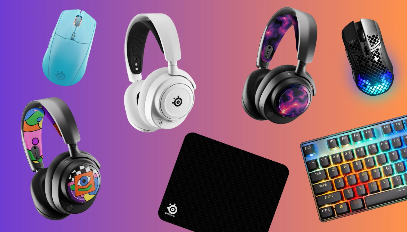 Obraz różnych produktów SteelSeries z żywym gradientem od fioletowego do pomarańczowego.