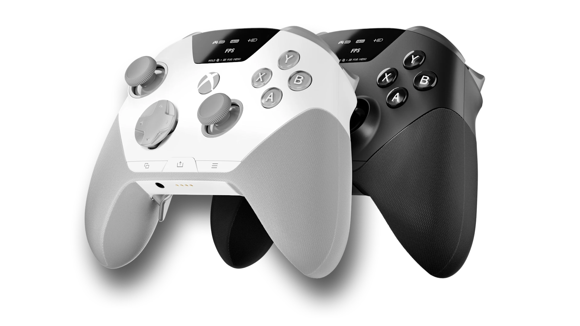 黑色背景前，白色和黑色的 SteelSeries Aeon Pro 无线游戏手柄并排展示。