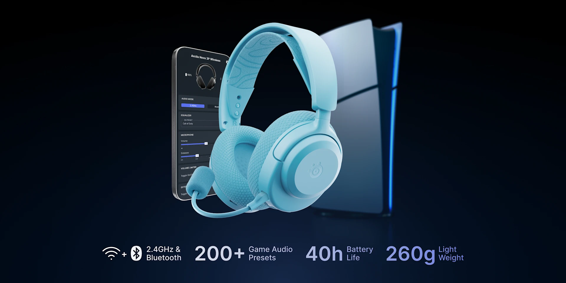 Arctis Nova 3 Wireless surrounded by smartphone and Xbox console on a dark background