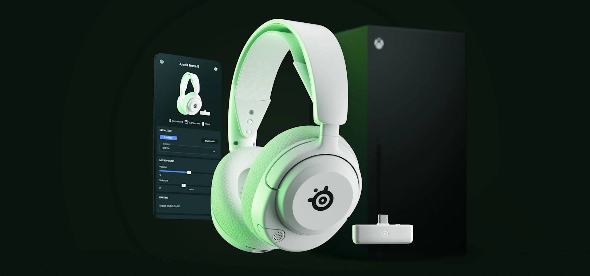 Arctis Nova 5 White para Xbox, acompañado de un dispositivo móvil con la aplicación Arctis Companion mostrada en él.