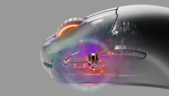 A close up view of a prime mice with a scanner effect allowing to see the switch inside.