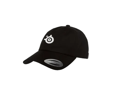 A black baseball cap with a white circular SteelSeries logo on the front