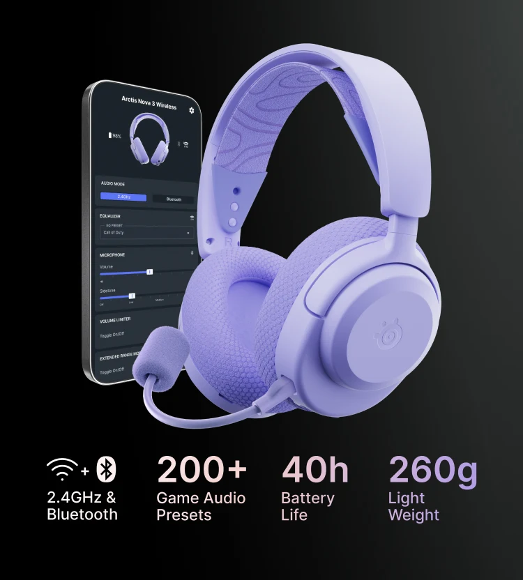 Lavendelfarbenes SteelSeries Arctis Nova 3 Wireless-Headset mit mobiler App. Mit 2,4 GHz & Bluetooth, über 200 Spiel-Audio-Voreinstellungen, 40 Stunden Akkulaufzeit und einem leichten 260-g-Design auf dunklem Hintergrund.