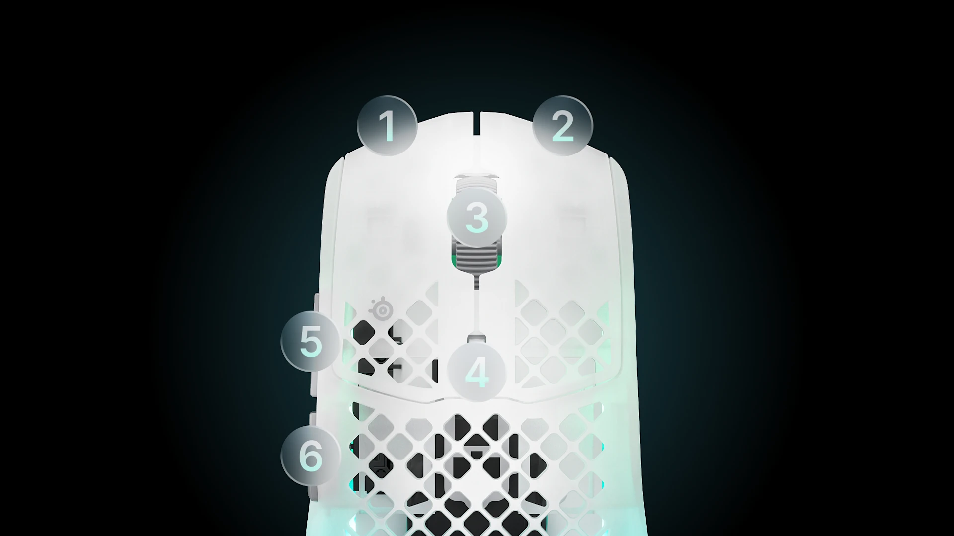Top view of translucent RGB gaming mouse with six numbered feature callouts.