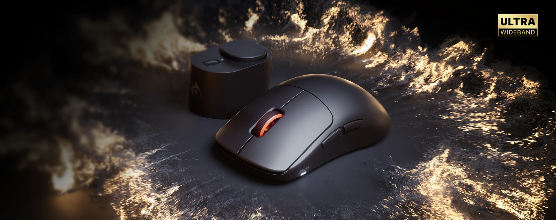 SteelSeries Sensei / Rival gaming mouse shown on a dark, textured surface with a control dial in the background and dramatic warm lighting highlighting the design.