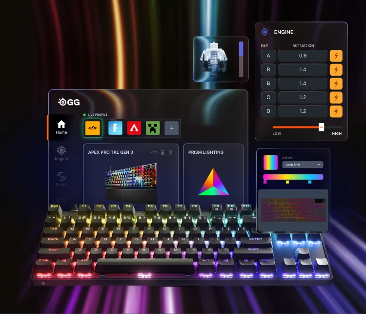 An Apex Pro TKL Gen 3 keyboard glows with RGB lighting beneath a digital interface showing SteelSeries GG software, engine actuation settings, and Prism lighting effects.