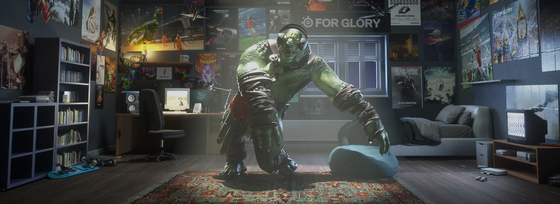 dancing steelseries mascott in a room filled with steelseries posters.