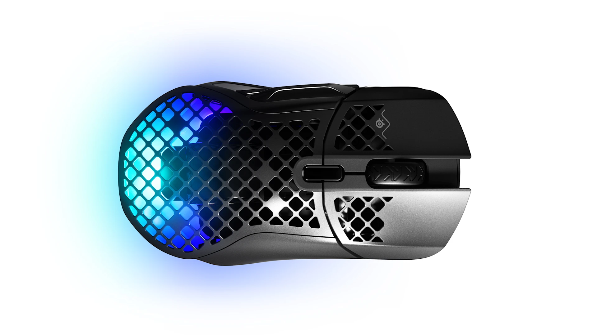 Bovenaanzicht van de Aerox 5 draadloze muizen met blauwe verlichting.