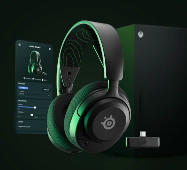 Arctis Nova 5 Black for Xbox, accompanied by a mobile device with the Arctis Companion app displayed on it