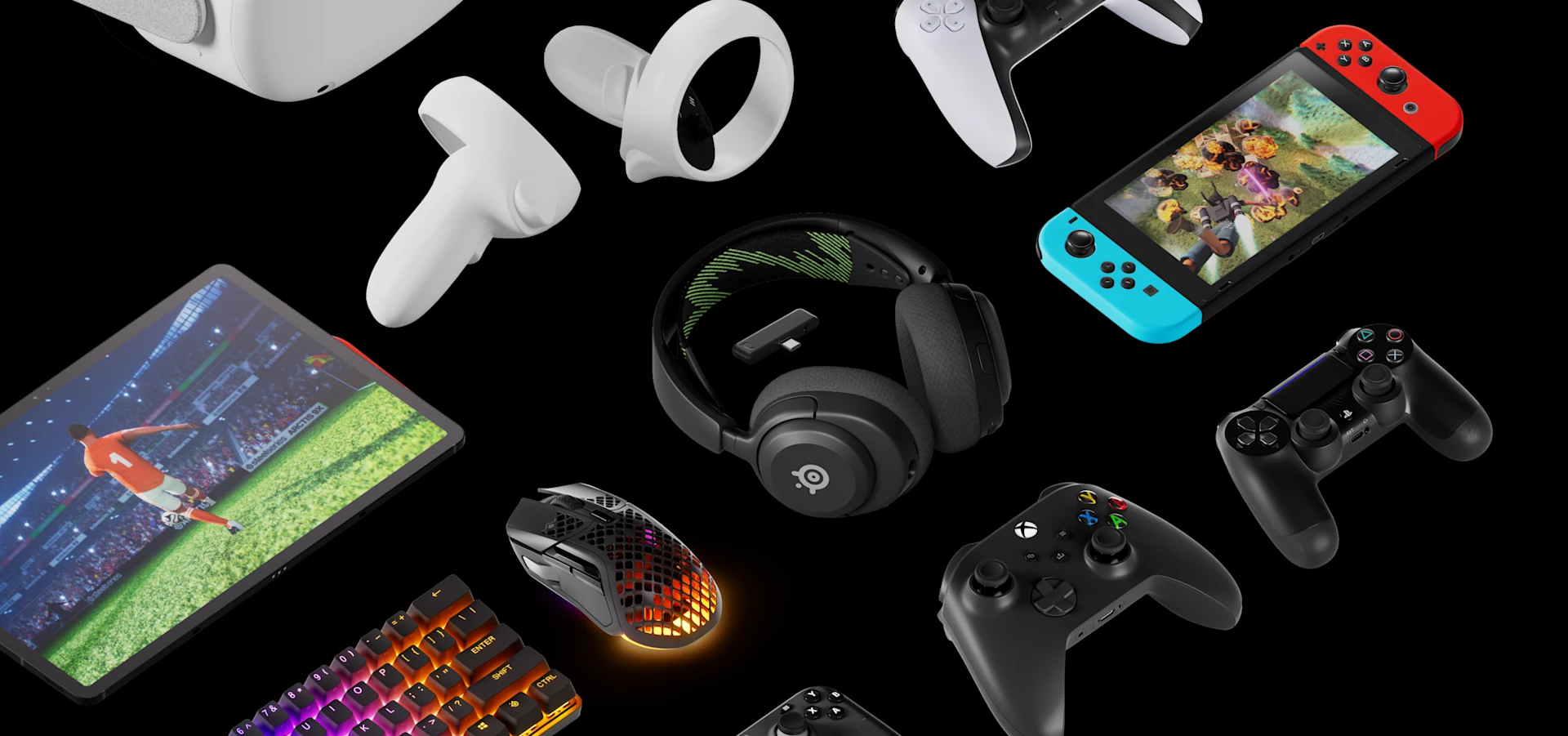 A view of Arctis Nova 4X Headset in the center with steelseries keyboard mice and a tablet on the left, VR Controlers and smartphone at the top, a Nintendo Switch on the right and one PS5 and PS4 controllers at the bottom.