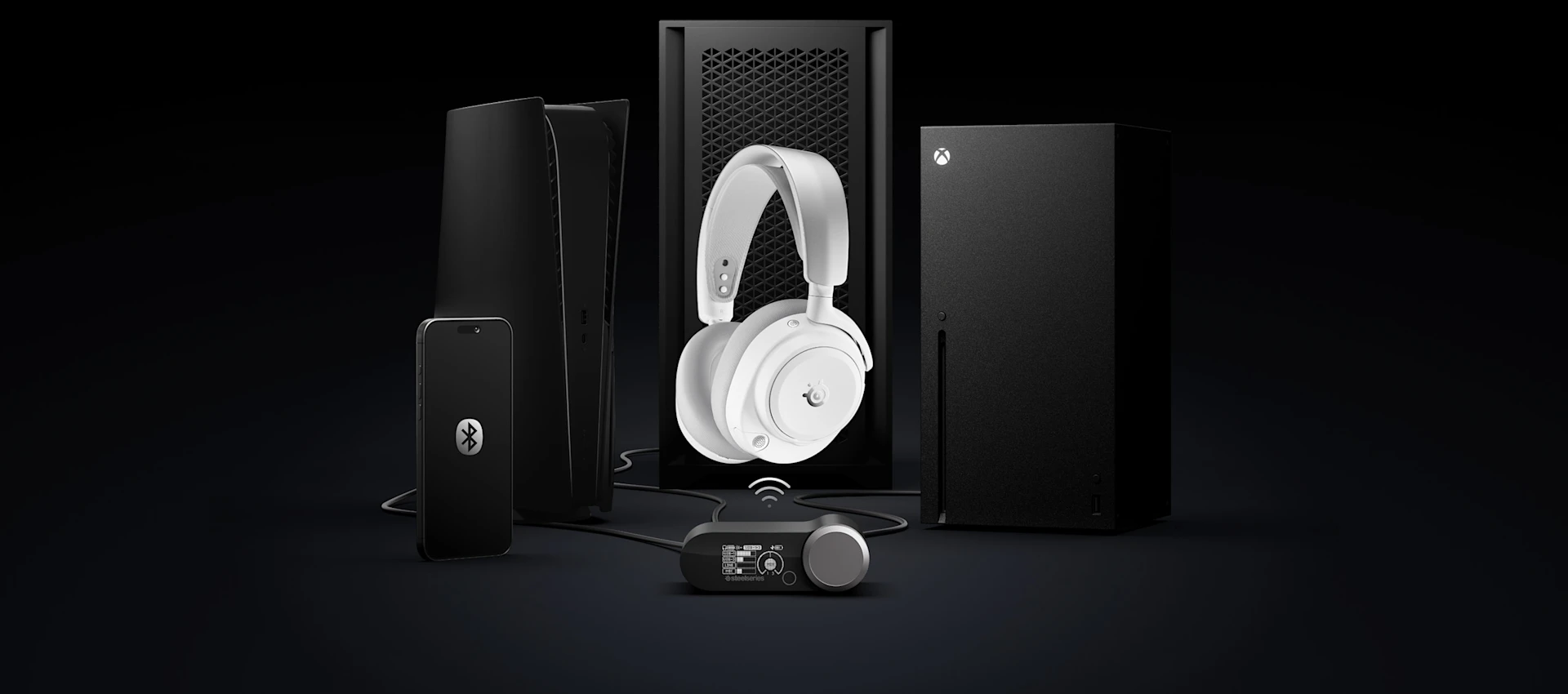 SteelSeries wireless headset and audio base station connected to smartphone, PlayStation, and Xbox consoles on a dark studio background.
