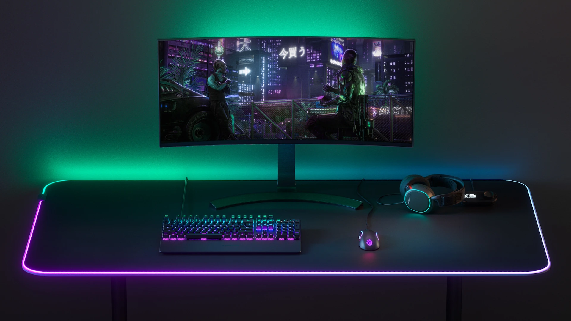Una configuración de sobremesa completa, con un teclado Apex Pro, un ratón inalámbrico Rival 5 y unos auriculares Arctis Pro.