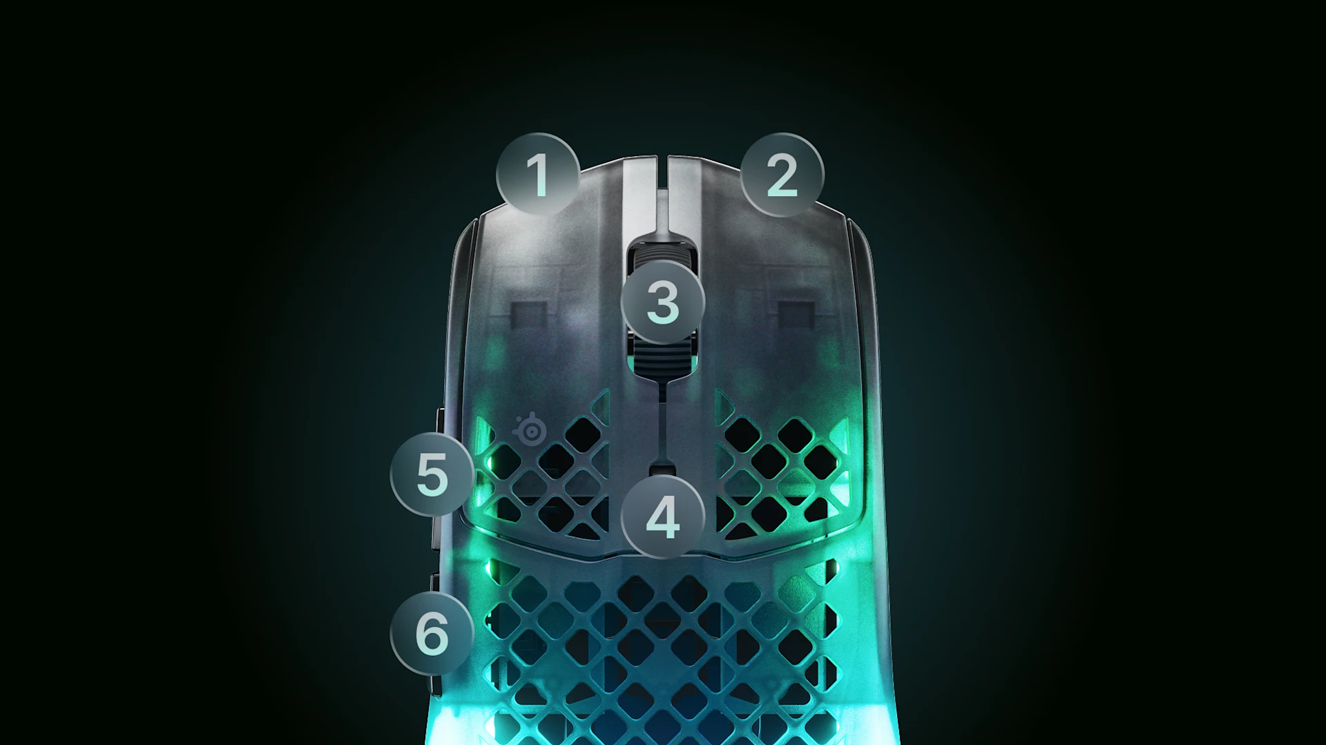 Top view of translucent RGB gaming mouse with six numbered feature callouts.