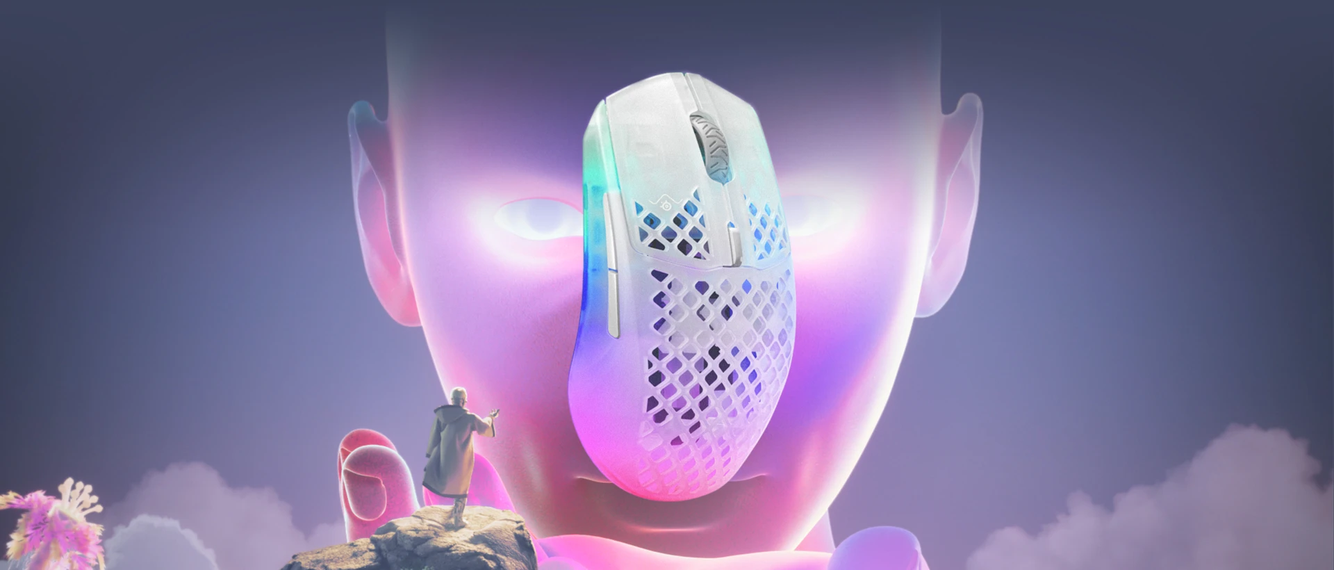 Aerox 3 Wireless 2022 mouse is floating in front of a huge face with glowing eyes. In the background is a sci-fi type landscape that resembles an other worldly planet.