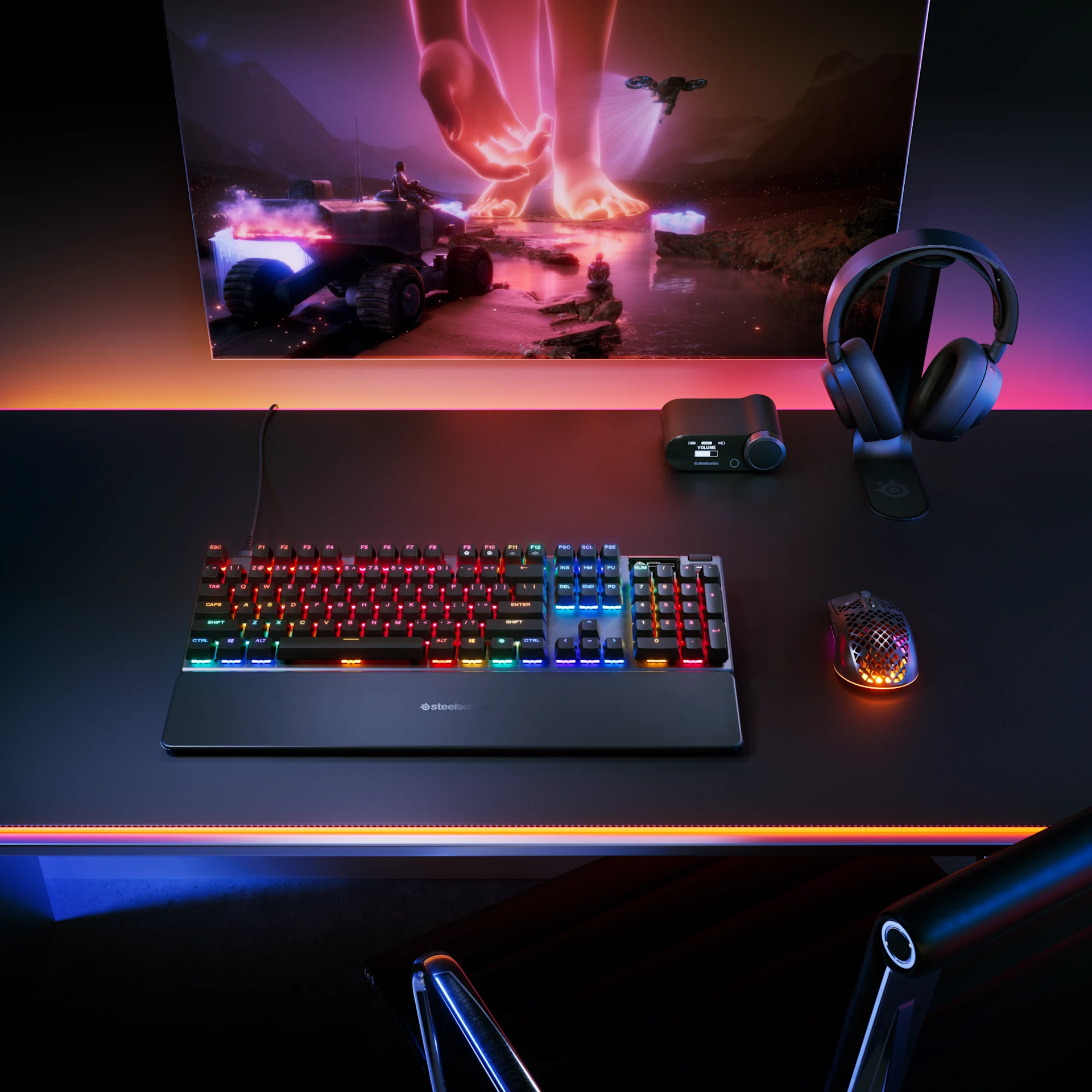 Gaming gear presented on the desk including apex pro gen 3 keyboard, aerox mouse, Arctis nova pro wireless headset