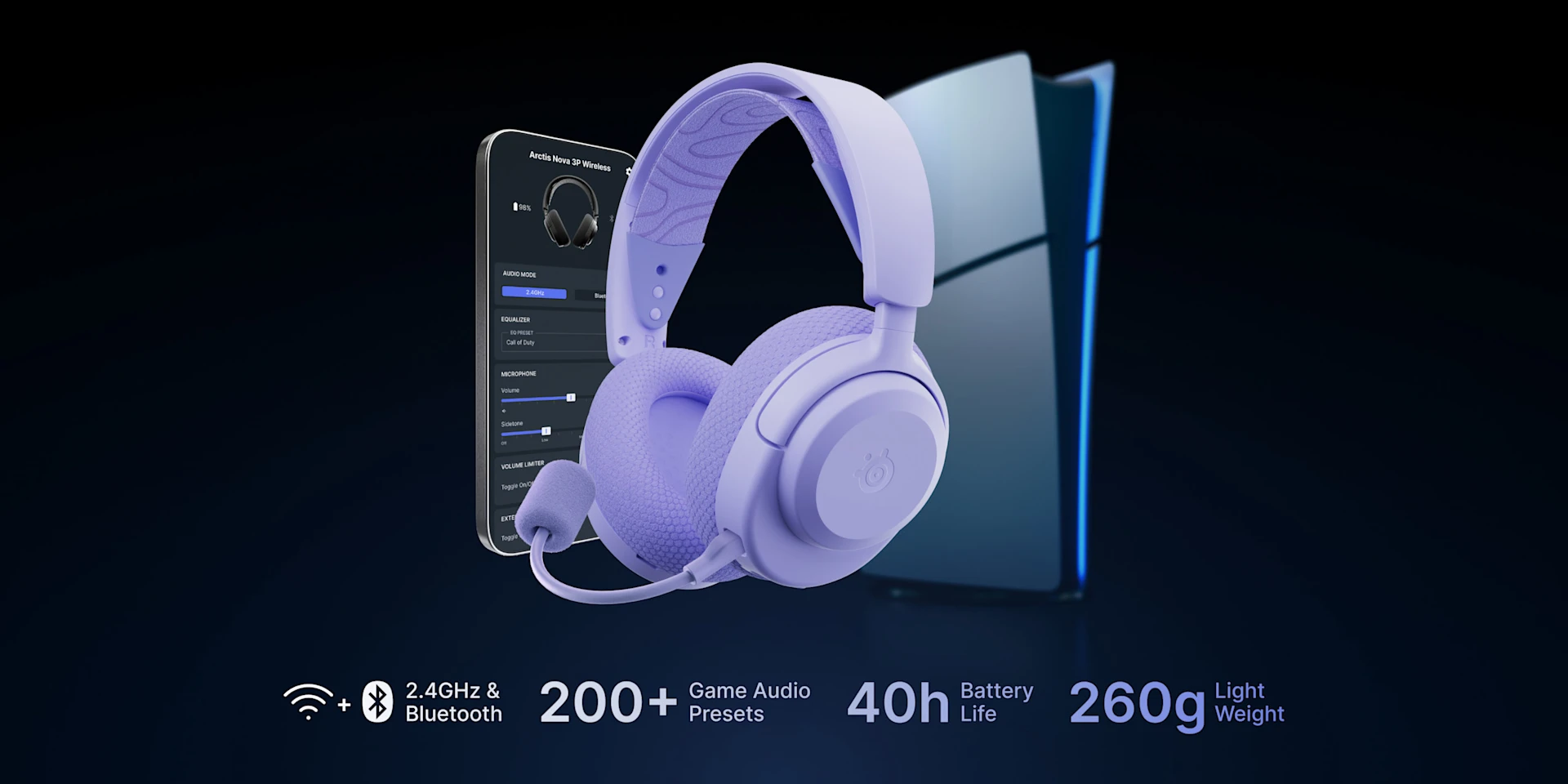 Arctis Nova 3 Wireless omgivet af smartphone og playstation-konsol på en mørk baggrund