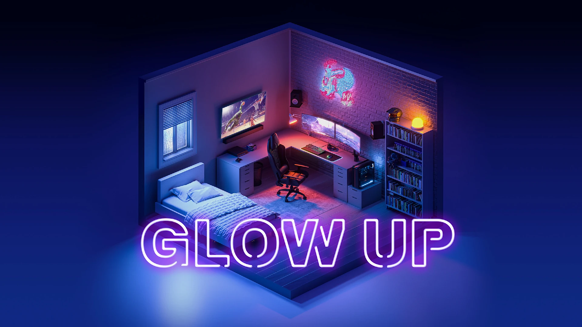 Miniature sleeping room lighted with several neon and a full gaming setup on a desk.