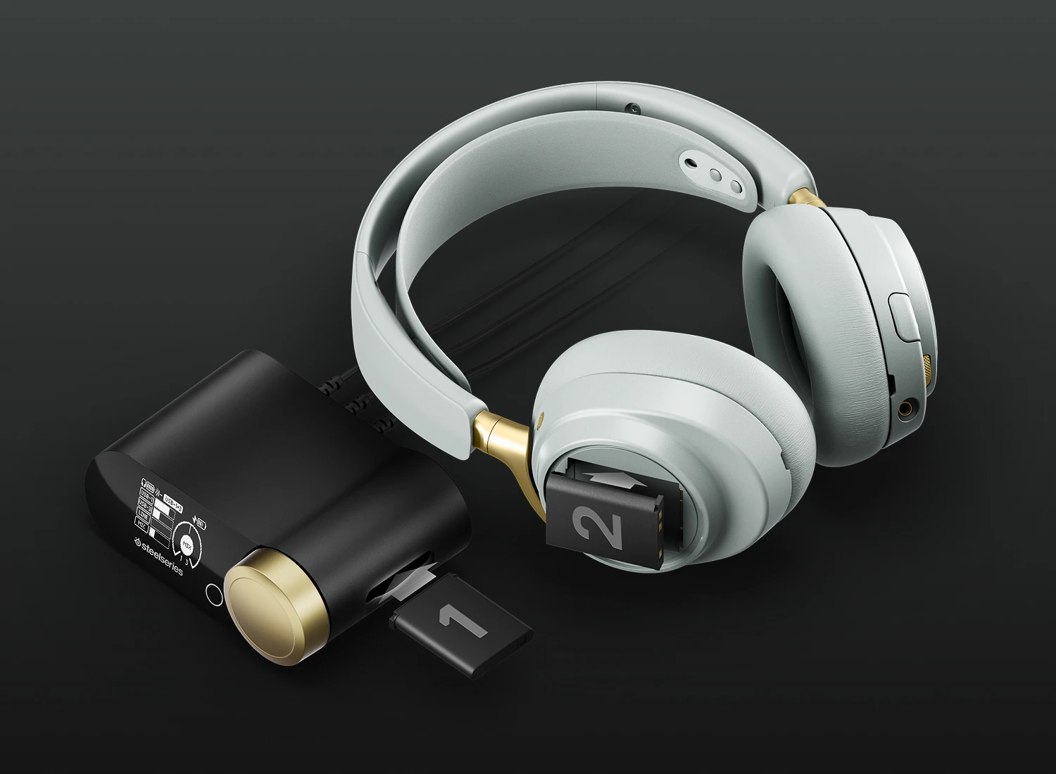 Arctis nova elite sage gold with gamedack and two batteries ready for use