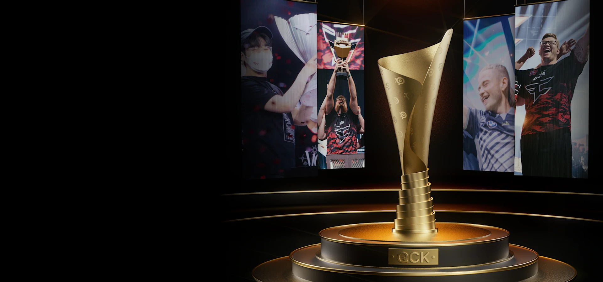 A large gold trophy in the shape of a rolled-up QCK mousepad; in the background, images of athletes celebrating victory.