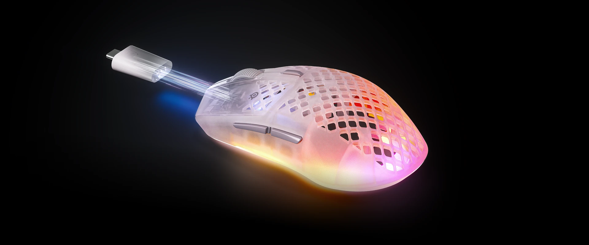 Wireless gaming mouse with glowing USB‑C dongle effect, emphasizing fast data transfer.
