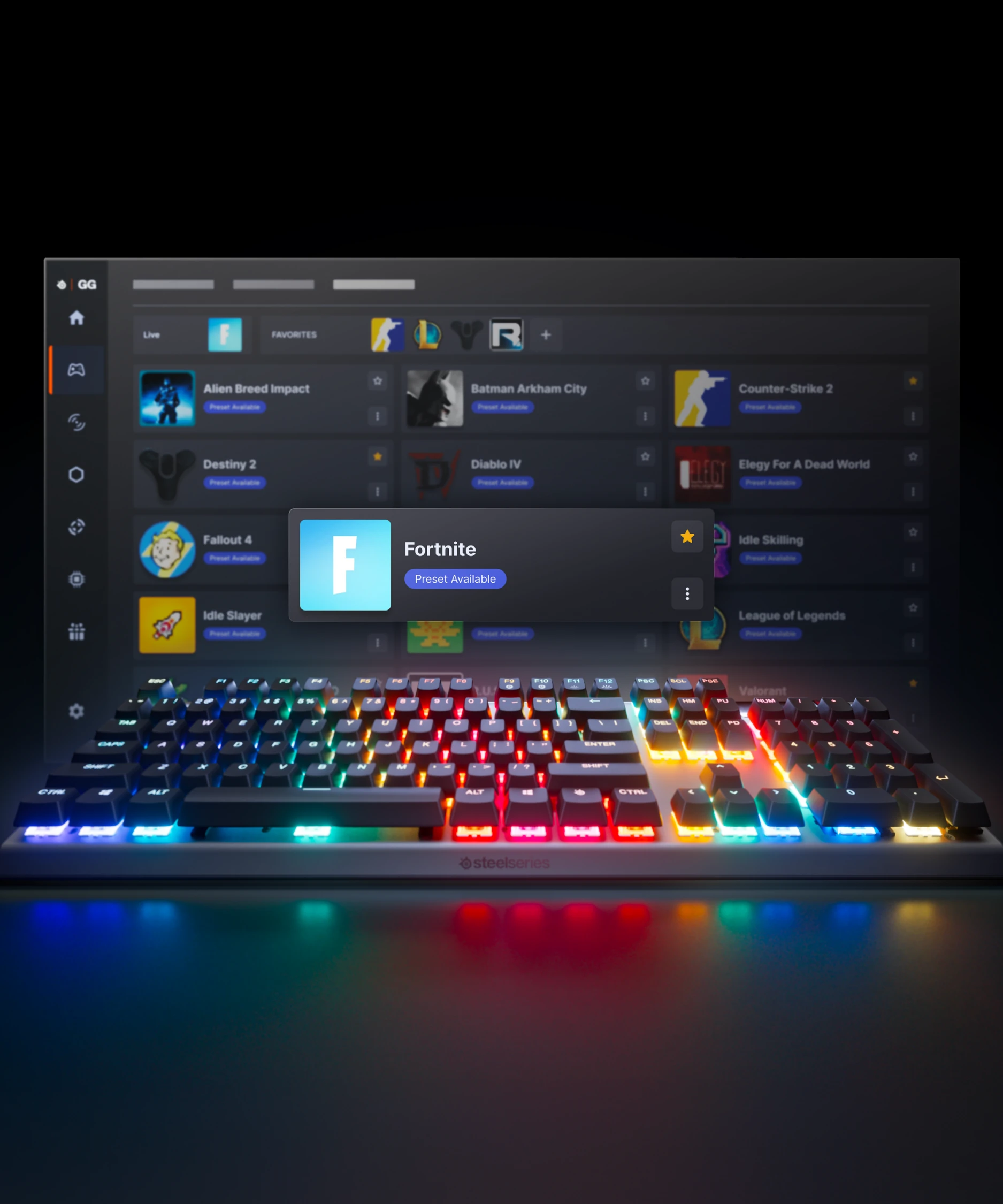 A full-size Apex Pro Gen 3 keyboard, with a screenshot of the GG software displayed opposite it.