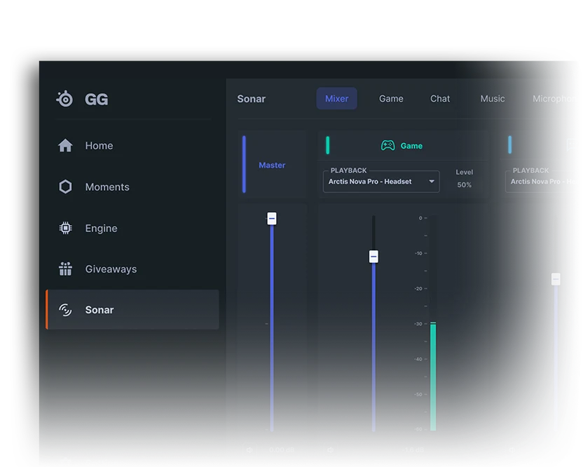 A screenshot of the SteelSeries GG software interface in dark mode, showing the Sonar audio mixer with volume sliders for Master, Game, Chat, and Music channels.