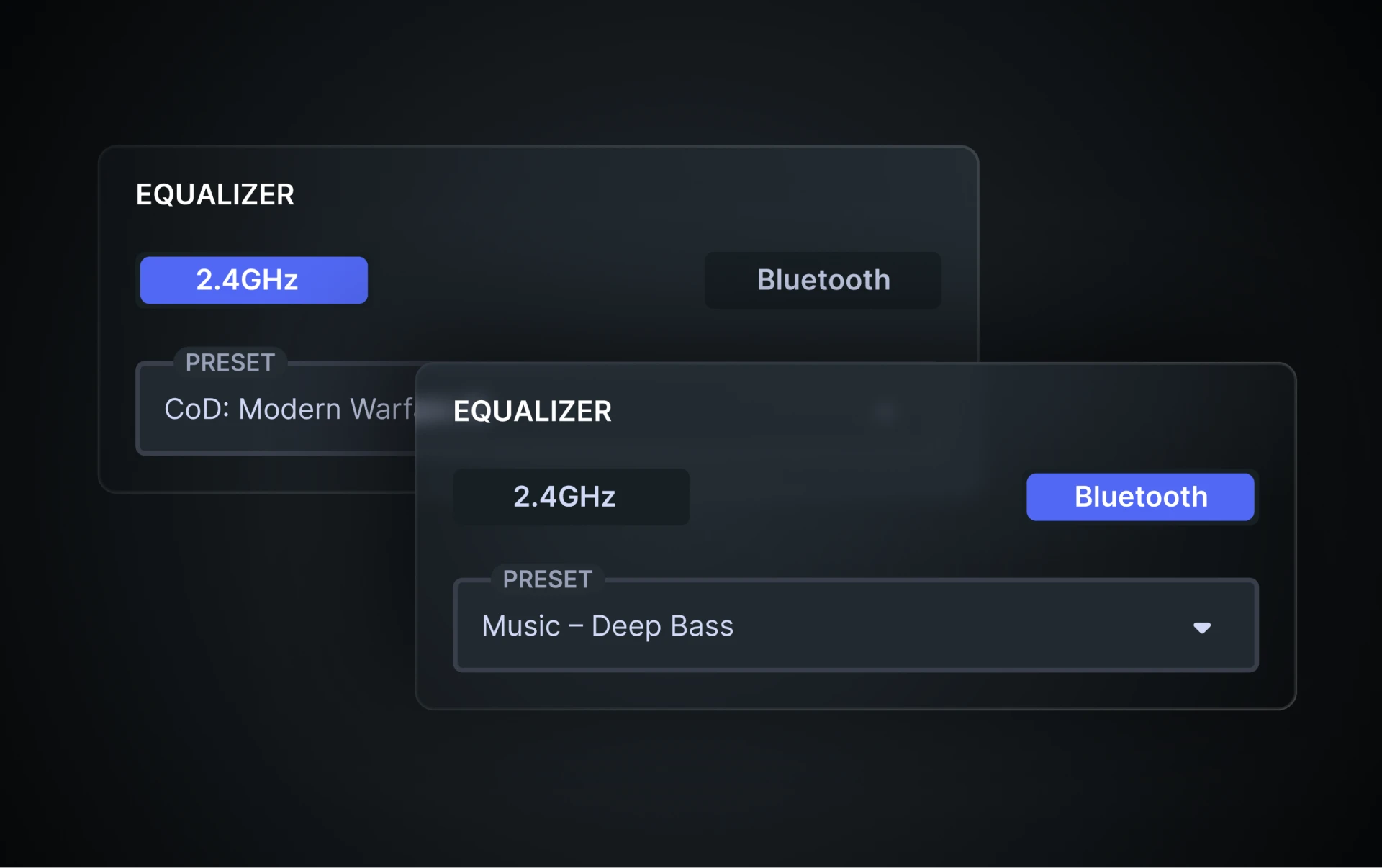 La foto muestra dos opciones de la aplicación Arctis Companion: un ecualizador para el juego COD y otro para música.