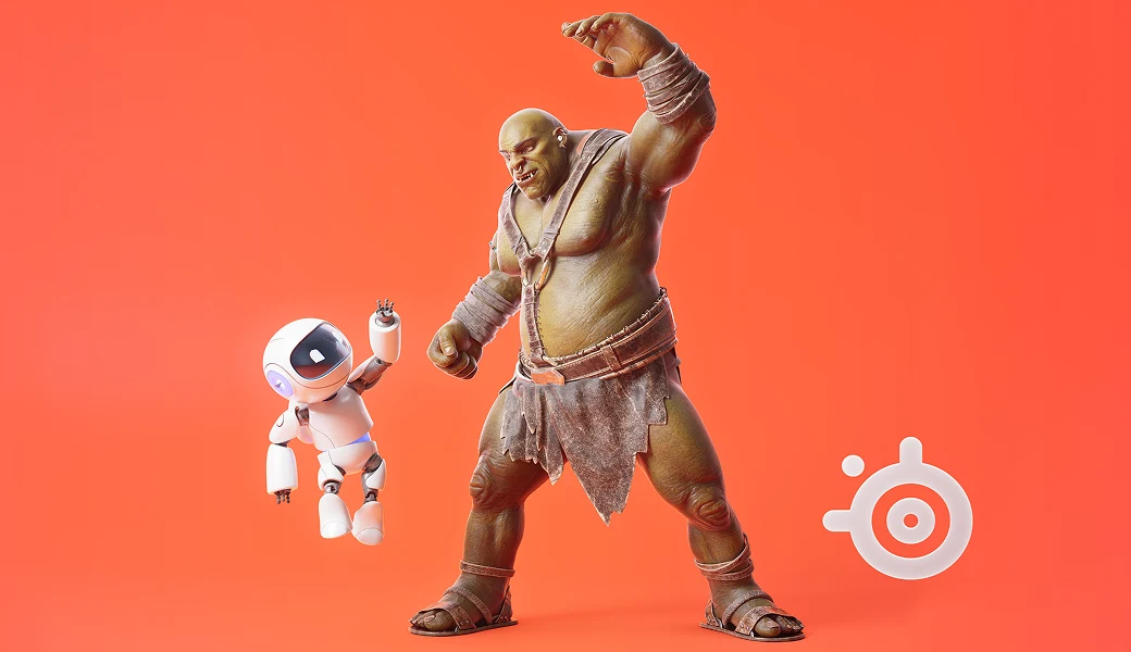 Lars high fiving a robot buddy with a white to orange gradient background and a white SteelSeries logo in the bottom right corner.