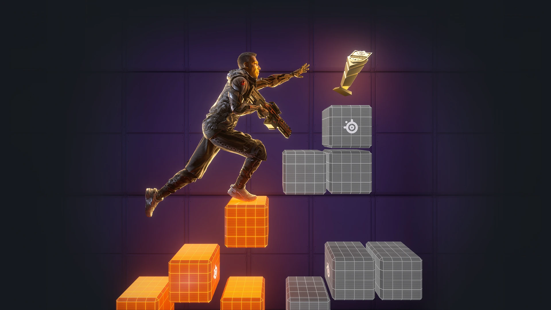  A futuristic soldier runs up glowing orange and wireframe blocks, holding a rifle and reaching for a golden trophy against a dark purple background.