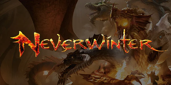The fiery logo for the MMO game "Neverwinter" is displayed in front of several large, fearsome dragons.