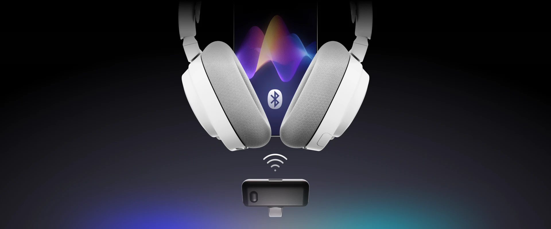 Renkli degrade arka plan üzerinde Arctis Nova 7 Gen 2 kulaklık