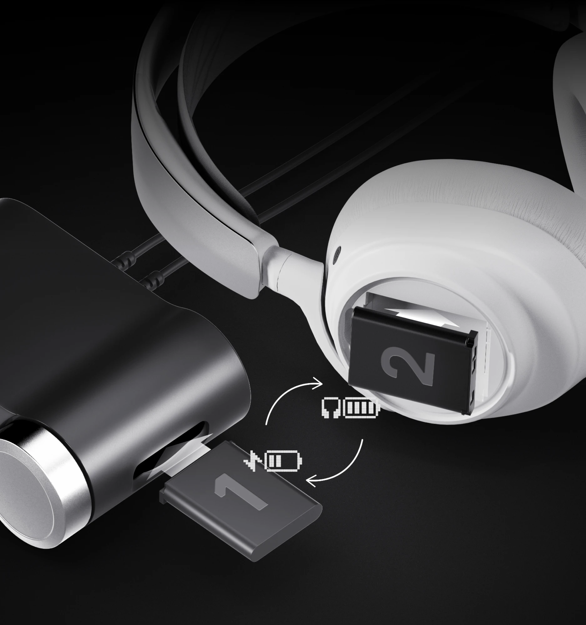 バッテリーステーション(バッテリーは取り外し済み)。ヘッドホンが置かれ、別のバッテリーがわずかに突き出ている様子は、素早い交換を暗示している。