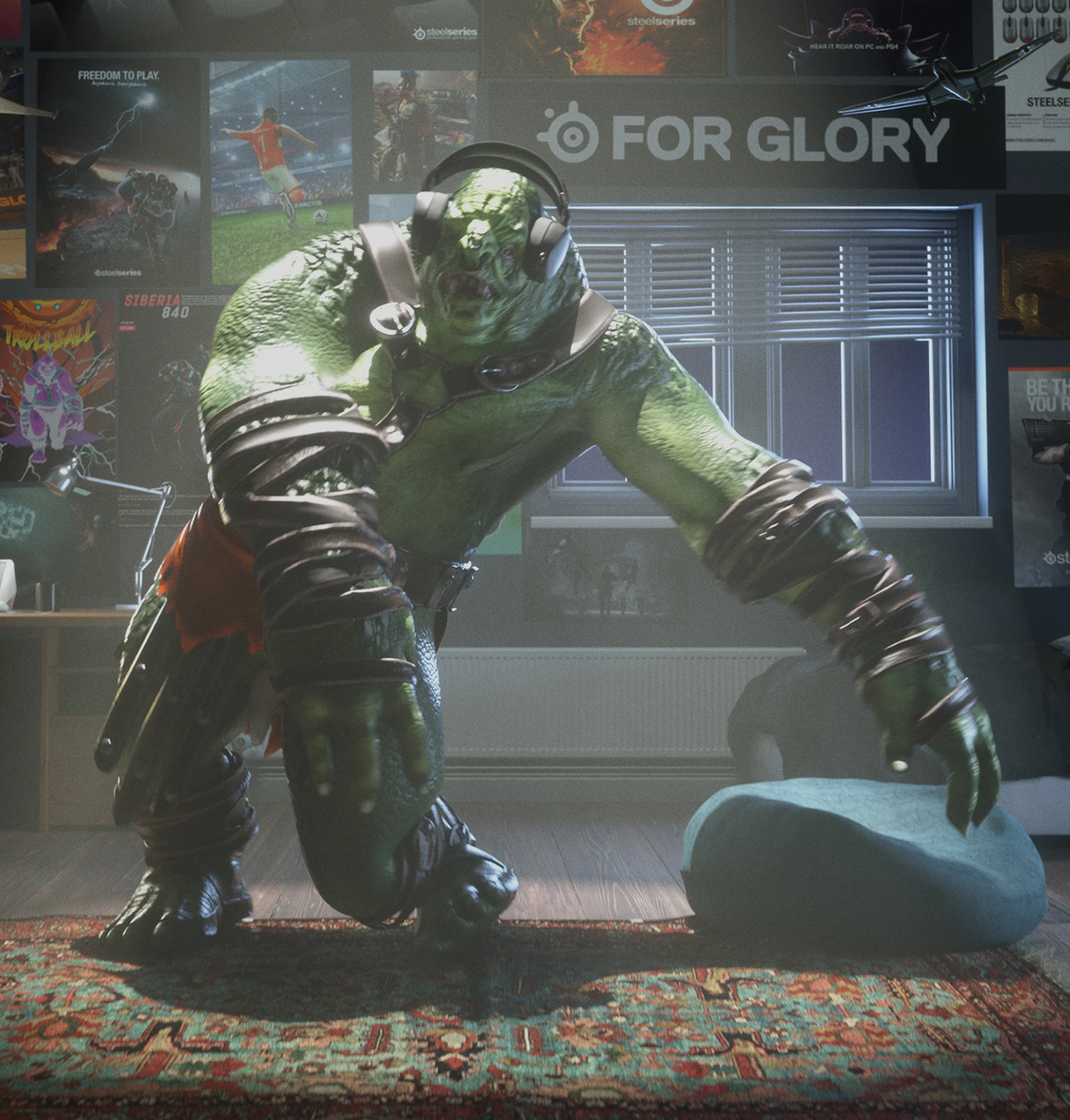 A large green orc wearing headphones is in a gamer's bedroom, surrounded by video game and sports posters, about to sit on a beanbag.