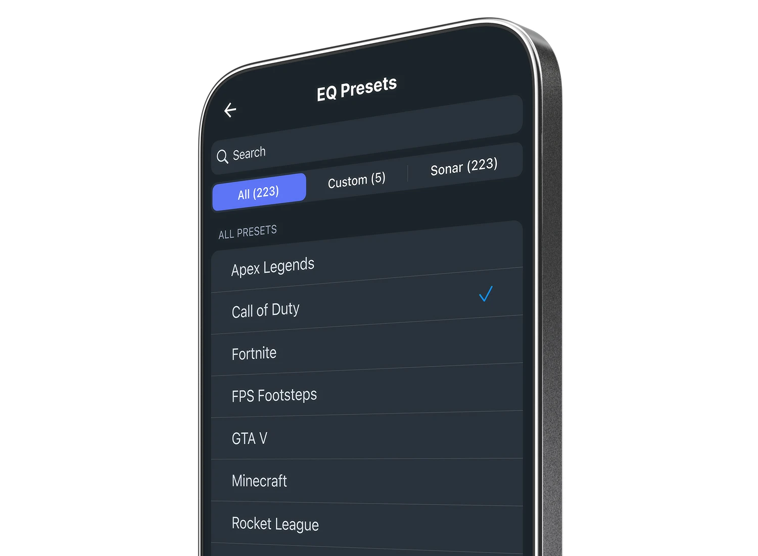 Close-up of a smartphone screen displaying the SteelSeries mobile companion app with the EQ Presets menu for gaming audio settings.