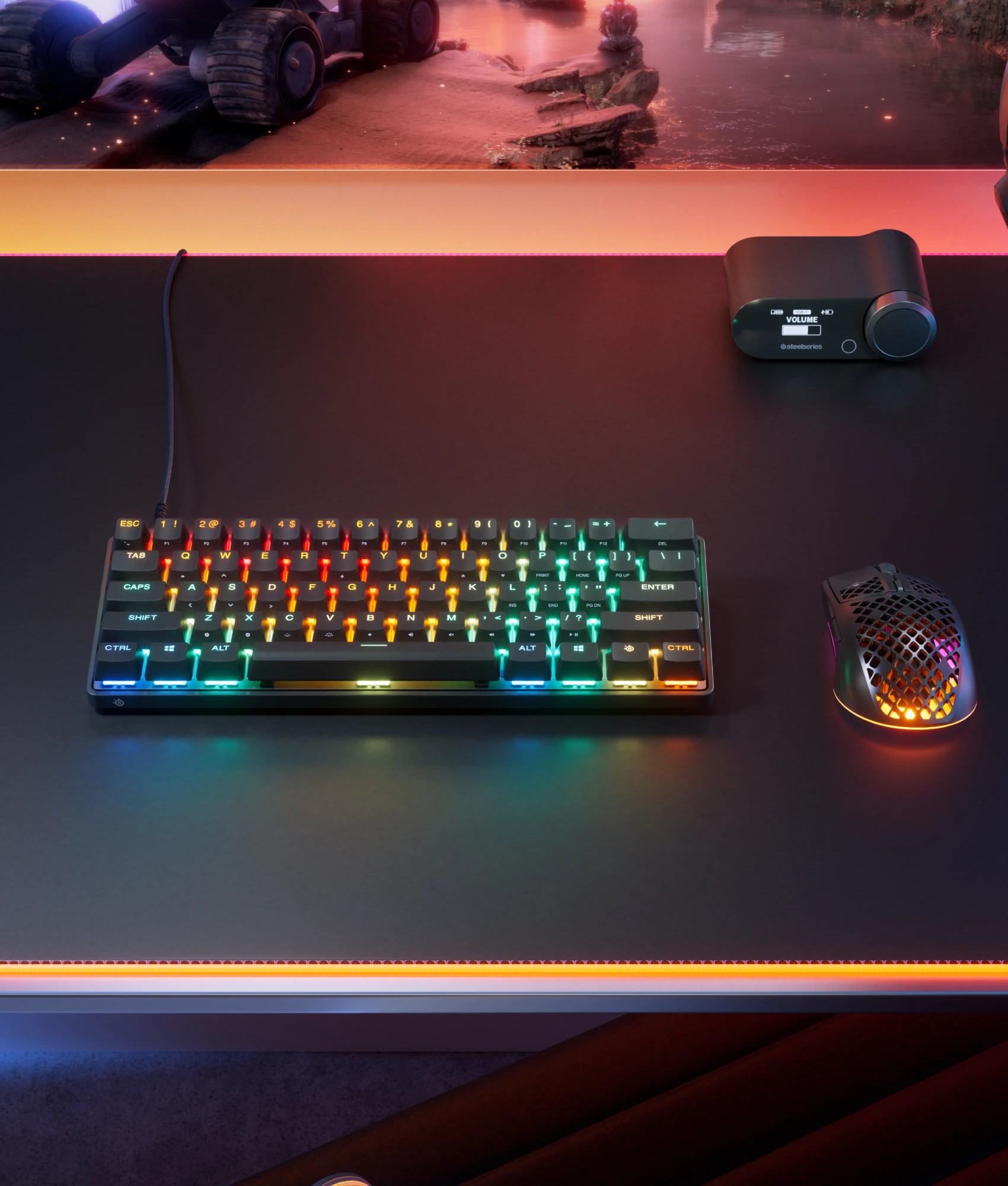 apex pro gen 3 mini zwart en aerox 3 muis in kleurrijk RGB