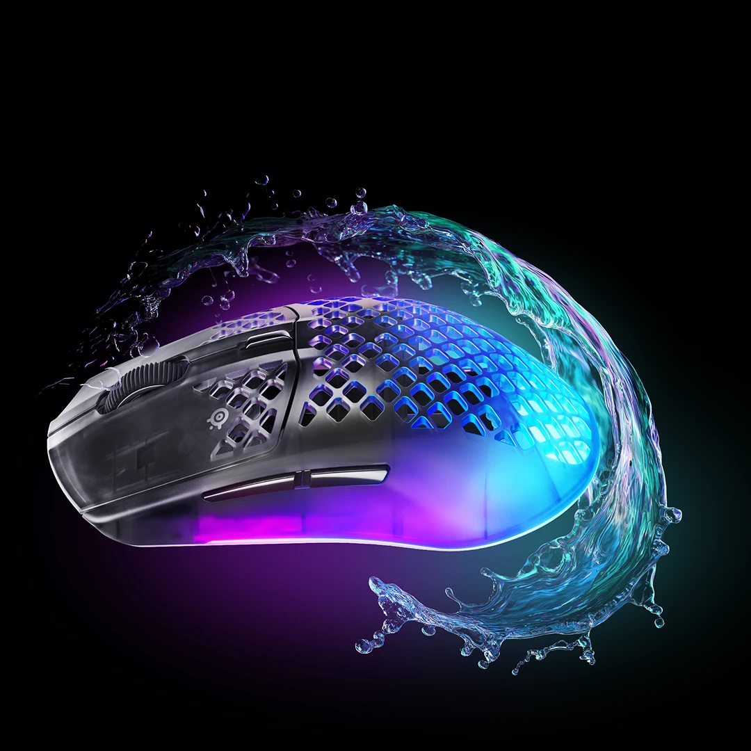 SteelSeries Aerox 3  Gen 2 Wireless Shadow gaming mouse with ultra-lightweight honeycomb shell and PrismSync RGB, shown with water splash to highlight IP54 water resistance.