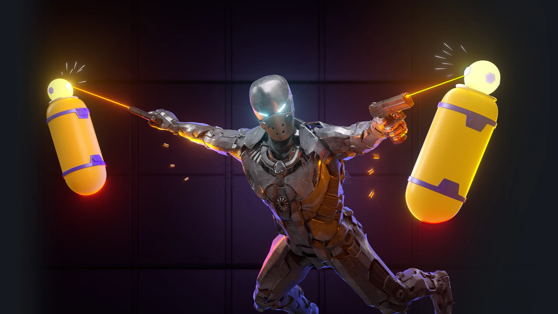 A cyborg in metallic armor dual-wields pistols in mid-air, firing lasers that strike two floating yellow targets.