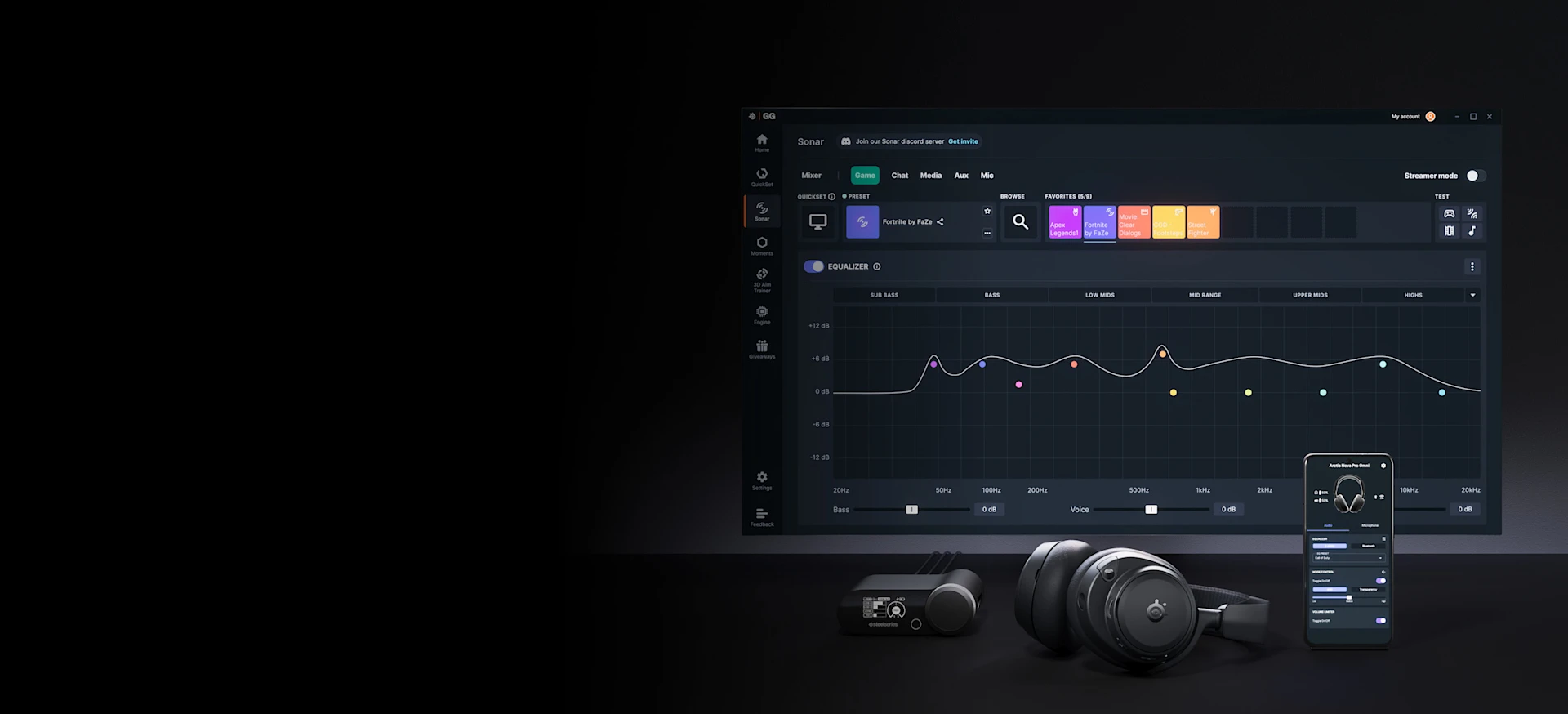 Gaming audio setup with PC software equalizer on monitor, matching controls on smartphone, and SteelSeries headset with wireless base station in front.