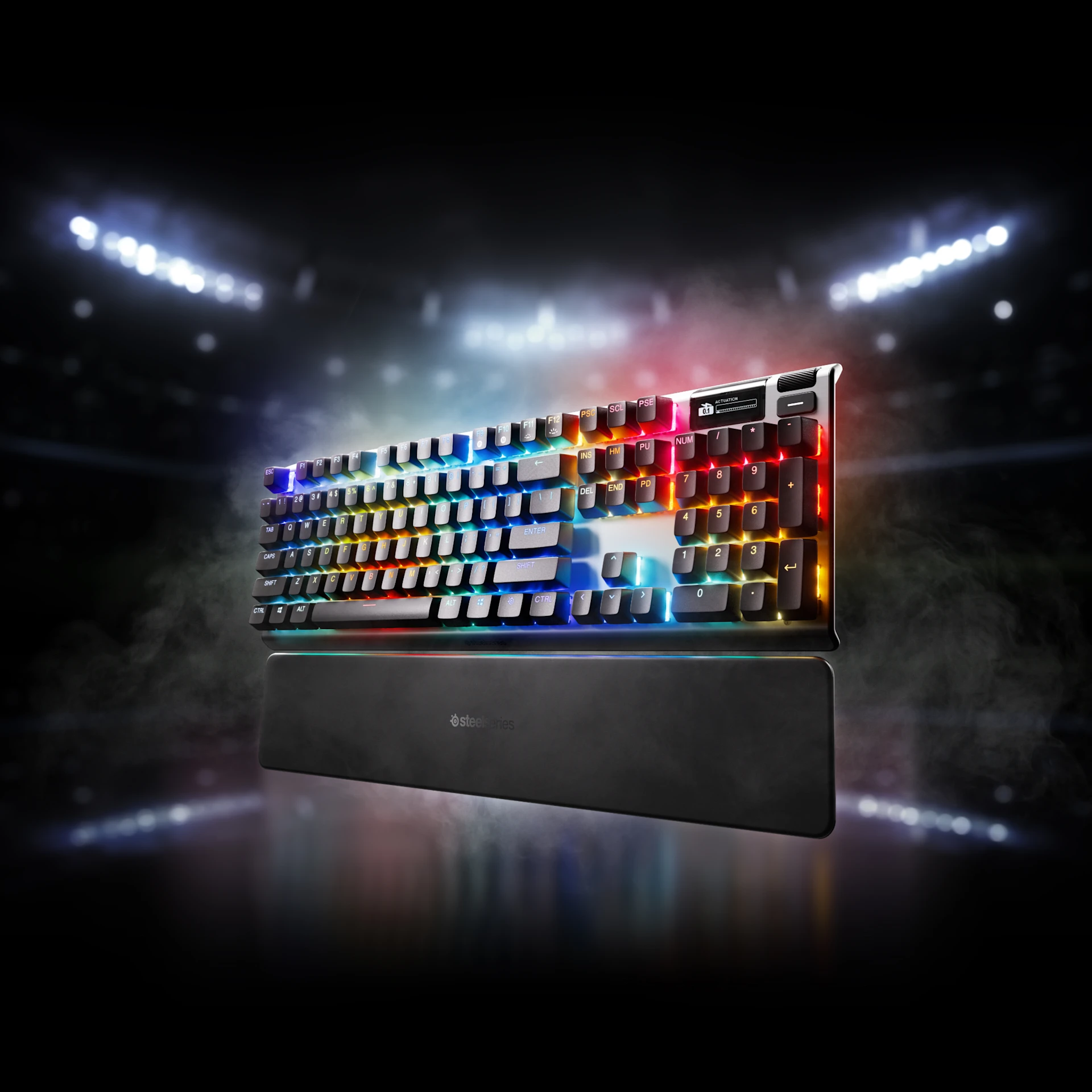 Apex pro TKL generation three keyboard view from the angle, with shining background.