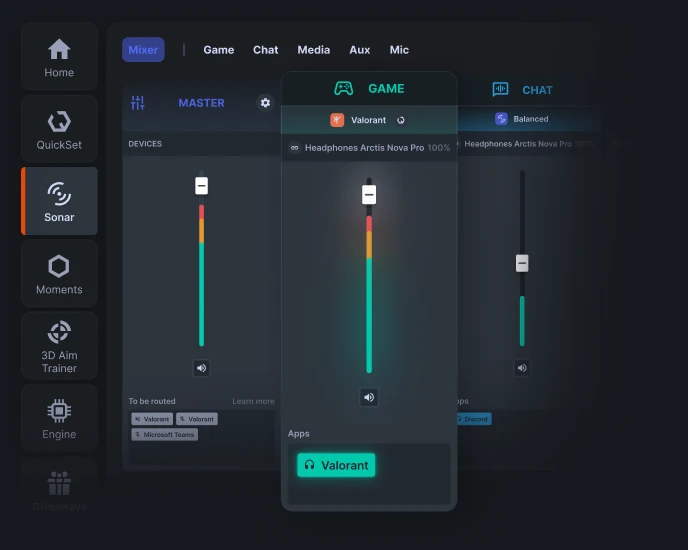 Captura de pantalla del software SteelSeries GG, en la que se muestra la función Sonar con el mezclador de audio ajustando los niveles de volumen del juego y del chat para Valorant.