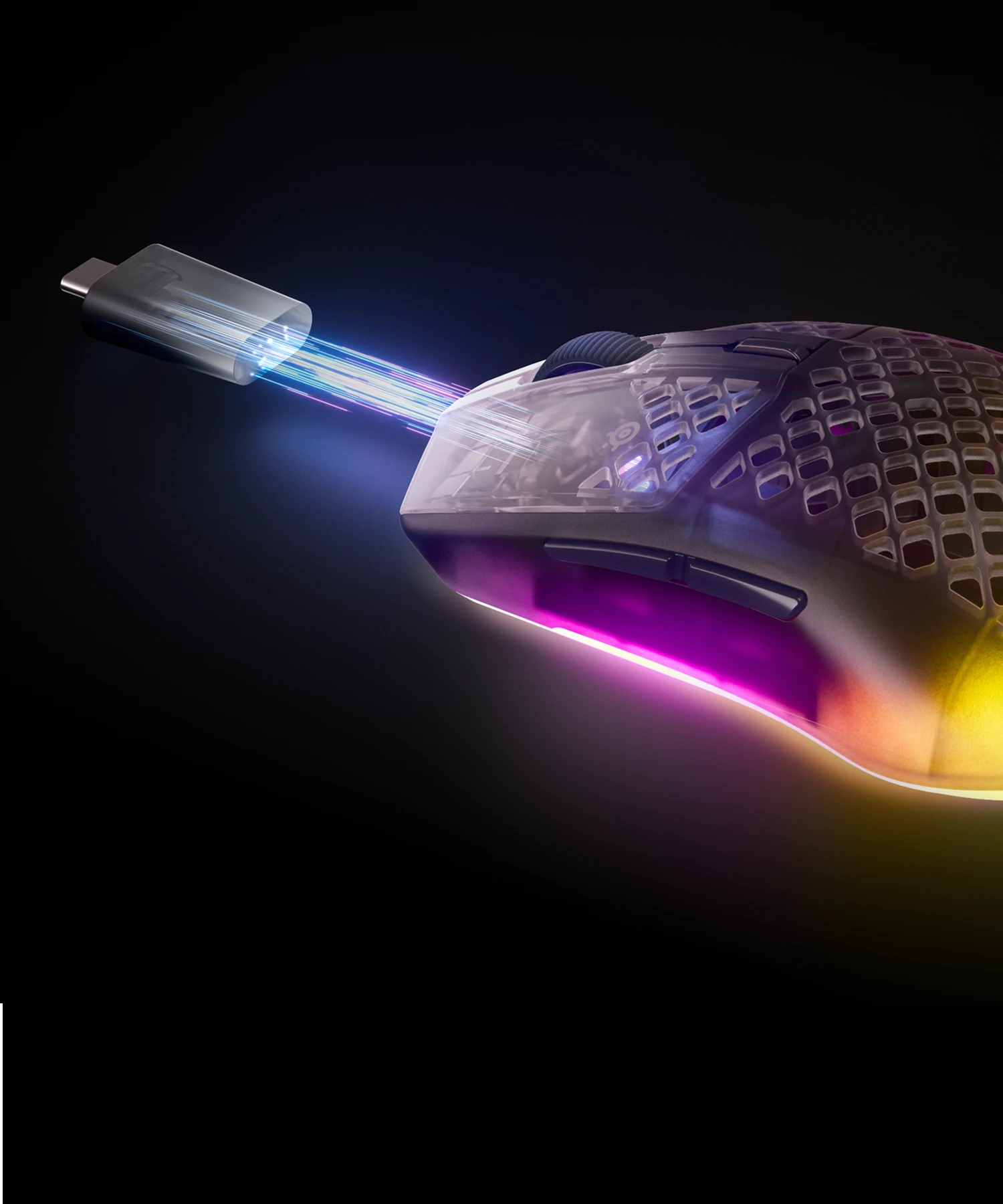 Wireless gaming mouse with glowing USB‑C dongle effect, emphasizing fast data transfer.