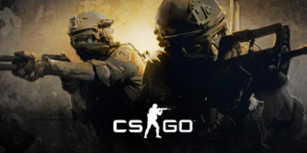 Promotional art for the game "Counter-Strike: Global Offensive" (CS:GO) with its logo and two soldiers.