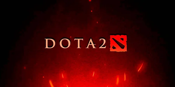 The official logo for the game "DOTA 2" is shown on a dark, fiery background with embers.