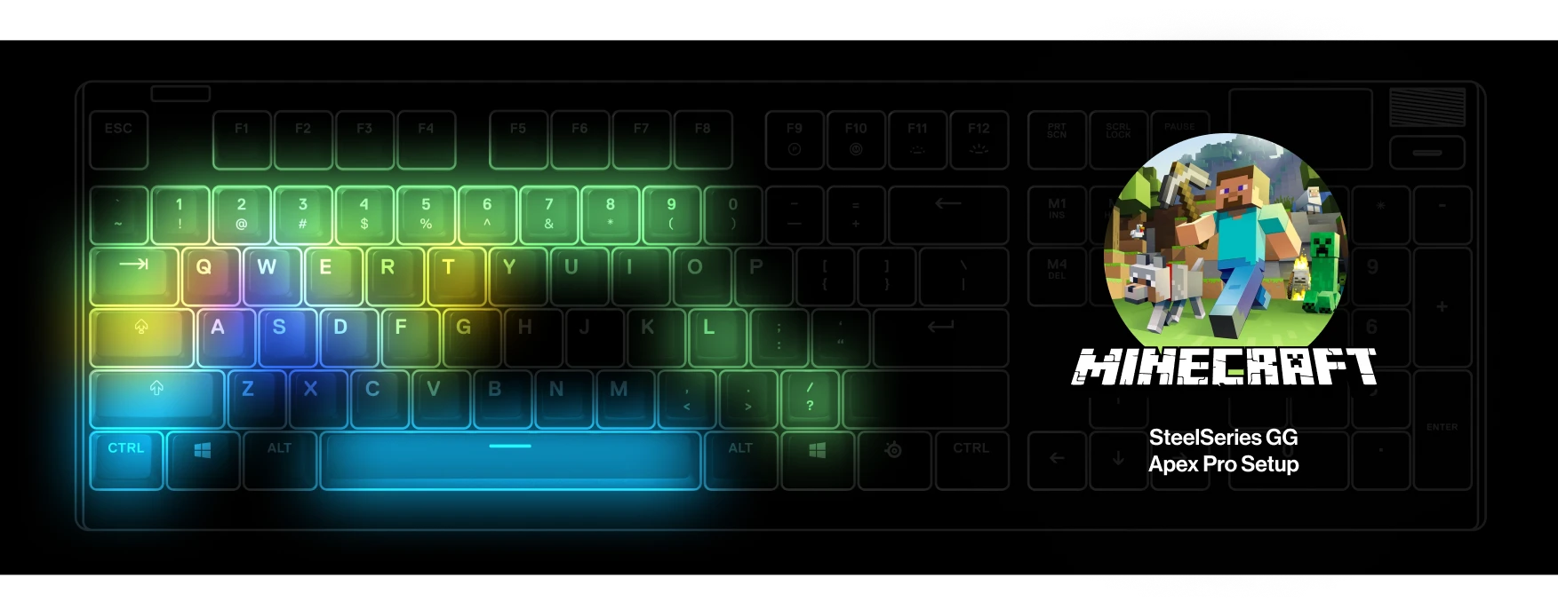 Apex Pro full with minecraft logo which reads "steelseries gg apex pro setup"