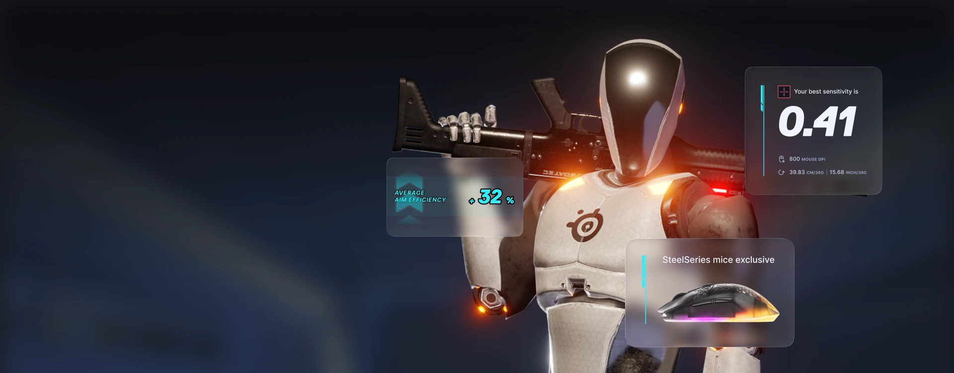 Geliştirilmiş nişan alma verimliliğini gösteren HUD kartlarına ve SteelSeries fareye sahip silahlı eğitim robotu.