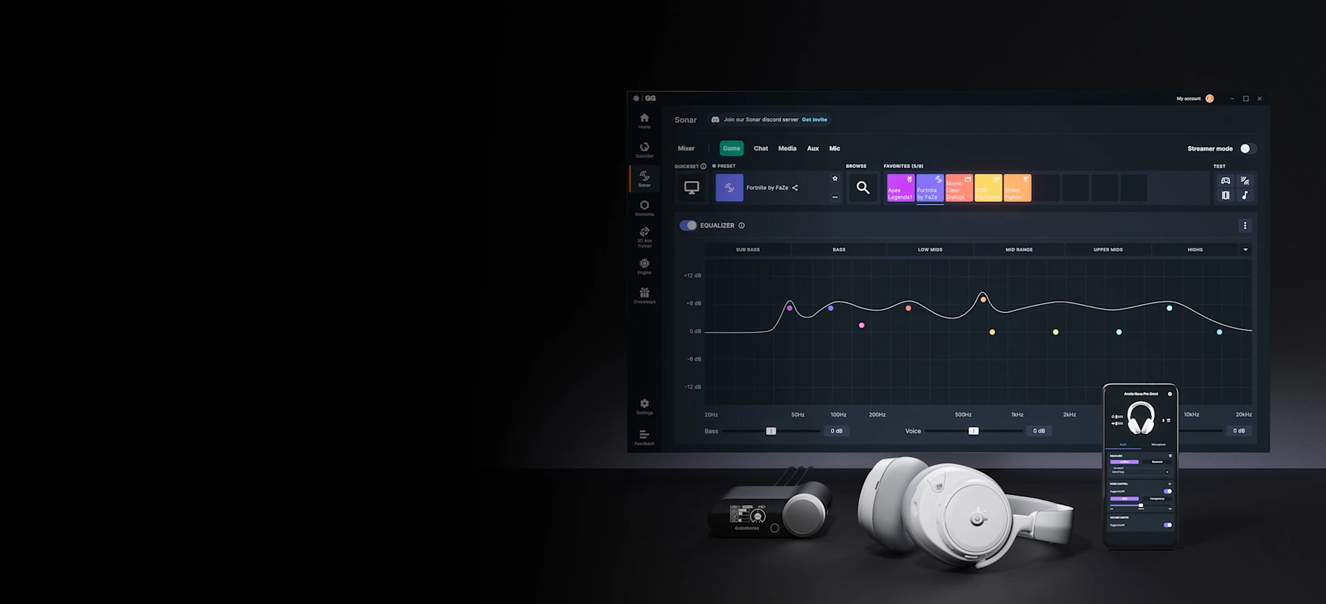  Sonar software EQ curve on a large monitor with Arctis Nova Pro Wireless headset, base station, and mobile app shown together on a dark desk.