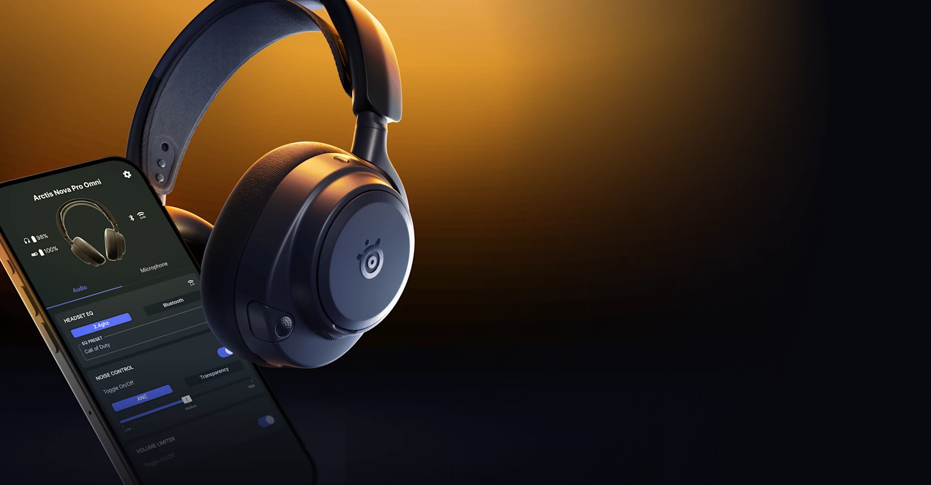An image of the mobile app UI opened on a smartphone with an headset around