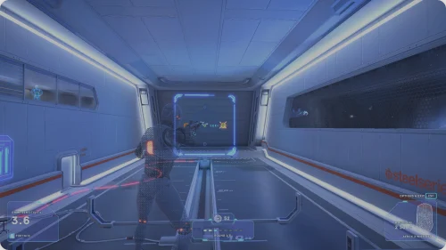 Hareketli hedefleri hedefleyen holografik bir öğrencinin arkasından bilim kurgu tarzı atış poligonu manzarası.