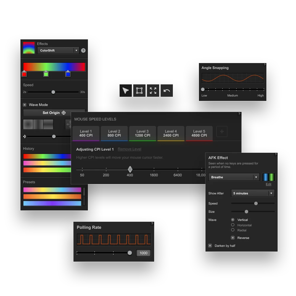 A collage of settings from a gaming mouse software, showing options for RGB lighting effects, CPI levels, polling rate, and angle snapping.